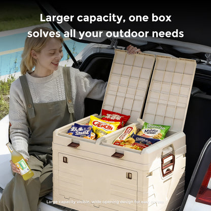 SolarPlay 60L Foldable Camping Storage Box with Lid and Handle, suitable for camping.